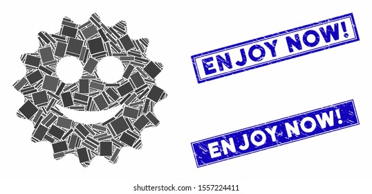 Mosaic glad sticker icon and rectangular seals. Flat vector glad sticker mosaic icon of randomized rotated rectangular items. Blue caption seals with grunged textures.