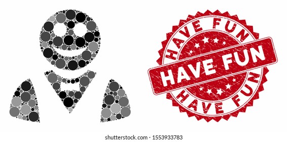 Mosaic Glad Waiter And Distressed Stamp Watermark With Have Fun Caption. Mosaic Vector Is Composed With Glad Waiter Icon And With Scattered Round Spots. Have Fun Stamp Seal Uses Red Color,