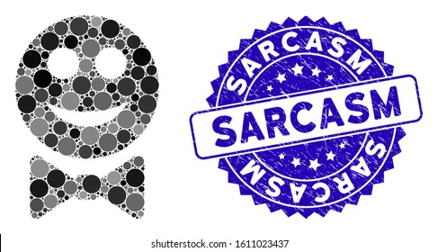 Mosaic glad waiter icon and rubber stamp watermark with Sarcasm caption. Mosaic vector is composed with glad waiter icon and with scattered round elements. Sarcasm stamp uses blue color,