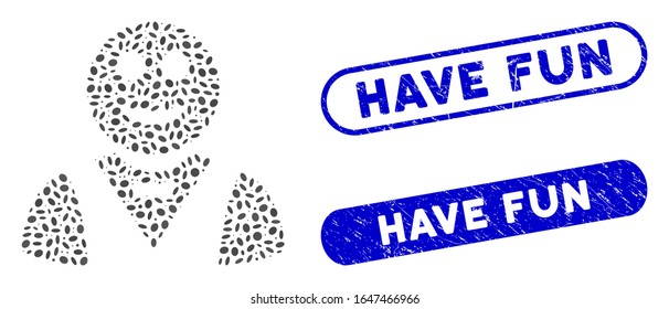 Mosaic glad waiter and rubber stamp seals with Have Fun text. Mosaic vector glad waiter is formed with randomized ellipse items. Have Fun stamp seals use blue color, and have round rectangle shape.