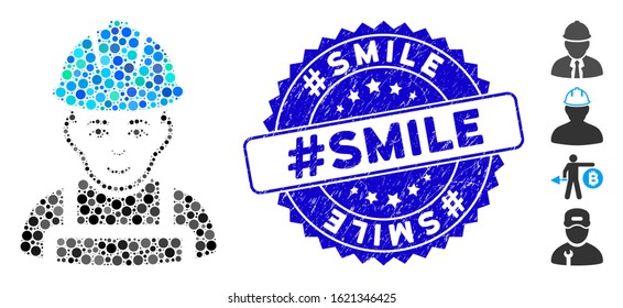 Mosaic glad worker icon and corroded stamp seal with #Smile text. Mosaic vector is created with glad worker icon and with randomized spheric elements. #Smile stamp seal uses blue color,