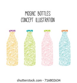 Mosaic glass bottles vector concept illustration. Colorful beverages design set. Collection of art bottles for logo icons or drinks packages