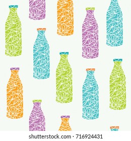 Mosaic glass bottles vector seamless pattern. Beverages design background in colors of orange, blue, green and purple. Art drinks colorful texture