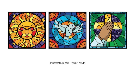 Mosaic glass square windows set with geometric pattern sun cross and bird cartoon symbols isolated vector illustration