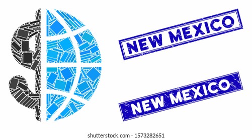 Mosaic global business icon and rectangular New Mexico seals. Flat vector global business mosaic icon of randomized rotated rectangular items. Blue New Mexico rubber seals with grunge texture.