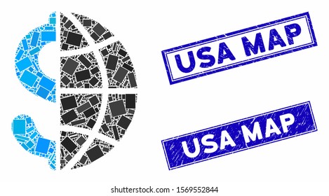 Mosaic global business pictogram and rectangular seal stamps. Flat vector global business mosaic icon of random rotated rectangle elements. Blue caption rubber stamps with rubber texture.
