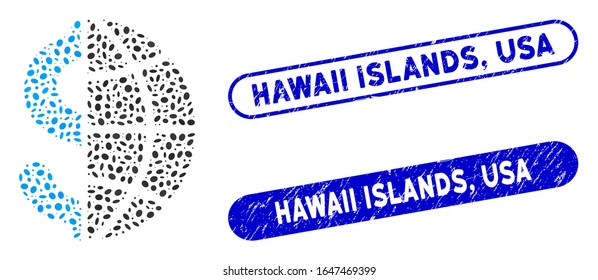 Mosaic global business and rubber stamp seals with Hawaii Islands, USA text. Mosaic vector global business is designed with scattered oval pieces. Hawaii Islands, USA stamp seals use blue color,