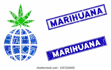 Mosaic global cannabis sprout icon and rectangular rubber prints. Flat vector global cannabis sprout mosaic icon of random rotated rectangular items. Blue caption watermarks with rubber textures.