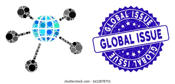 Mosaic global connections icon and grunge stamp seal with Global Issue phrase. Mosaic vector is composed with global connections icon and with randomized round elements.