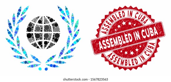Mosaic global emblem and rubber stamp seal with Assembled in Cuba phrase. Mosaic vector is designed with global emblem icon and with scattered circle spots.