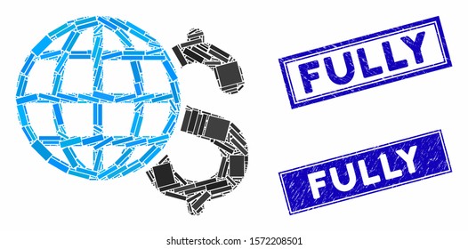 Mosaic global finances pictogram and rectangle Fully rubber prints. Flat vector global finances mosaic pictogram of scattered rotated rectangular items. Blue Fully rubber seals with distress texture.