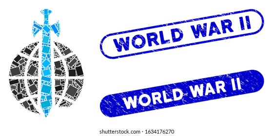 Mosaic global guard and corroded stamp seals with World War Ii caption. Mosaic vector global guard is created with random rectangle items. World War Ii stamp seals use blue color,