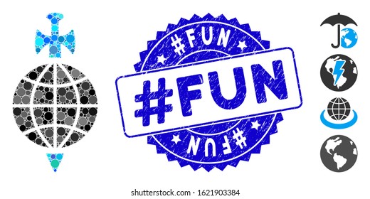 Mosaic global guard icon and distressed stamp seal with #Fun phrase. Mosaic vector is designed with global guard pictogram and with random spheric elements. #Fun stamp seal uses blue color,