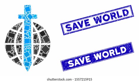 Mosaic global guard icon and rectangle seal stamps. Flat vector global guard mosaic icon of random rotated rectangular items. Blue caption seal stamps with grunge textures.
