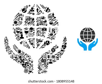 Mosaic global hands from health items and basic icon. Mosaic vector global hands is formed from medic items. Abstract illustrations elements for pharmacy purposes.