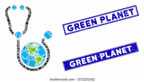 Mosaic global healthcare icon and rectangular Green Planet seal stamps. Flat vector global healthcare mosaic icon of random rotated rectangular items.