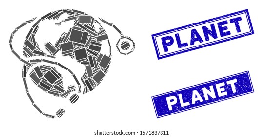 Mosaic global healthcare stethoscope icon and rectangle Planet rubber prints. Flat vector global healthcare stethoscope mosaic icon of randomized rotated rectangular elements.