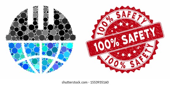 Mosaic global helmet and distressed stamp watermark with 100% Safety caption. Mosaic vector is composed with global helmet icon and with scattered spheric items. 100% Safety stamp uses red color,