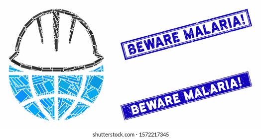Mosaic global helmet icon and rectangular Beware Malaria! seal stamps. Flat vector global helmet mosaic icon of scattered rotated rectangular items. Blue Beware Malaria! stamps with scratched surface.