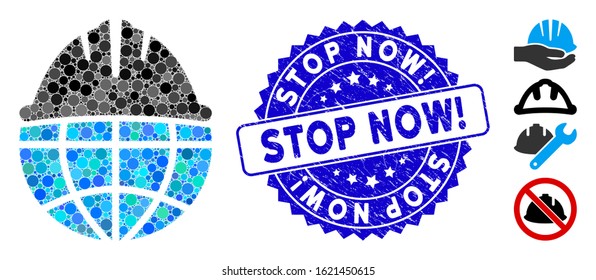 Mosaic global helmet icon and rubber stamp watermark with Stop Now! caption. Mosaic vector is created with global helmet pictogram and with random spheric elements.