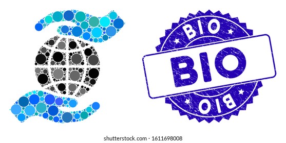 Mosaic global insurance icon and grunge stamp seal with Bio text. Mosaic vector is formed with global insurance icon and with random circle items. Bio stamp uses blue color, and scratched surface.