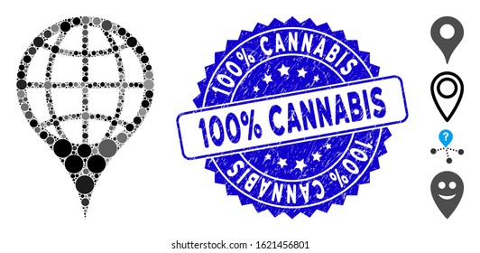 Mosaic global location icon and rubber stamp seal with 100% Cannabis caption. Mosaic vector is created with global location icon and with scattered spheric items. 100% Cannabis seal uses blue color,