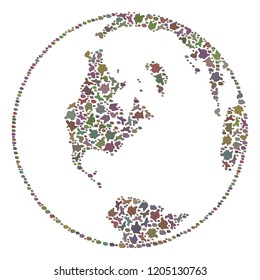Mosaic global map of world designed with colored flat pebbles. Vector particolored geographic abstraction of global map of world.