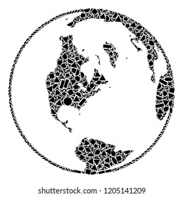Mosaic global map of world designed with black flat geometric objects, such as triangles, stars, rectangles, circles, ellipses, segments, sectors, rhombuses, squares, polygons, semi-circles.