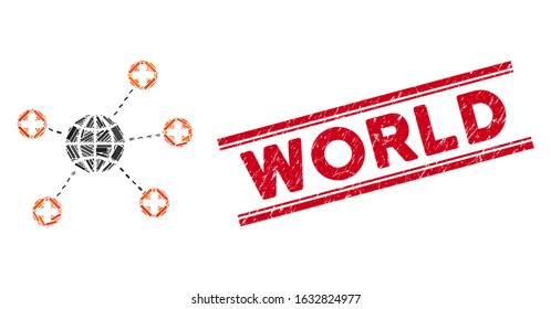 Mosaic global medical links pictogram and red World stamp between double parallel lines. Flat vector global medical links mosaic pictogram of scattered rotated rectangular items.