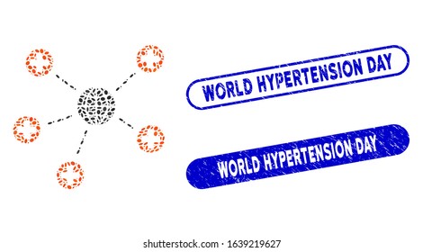 Mosaic global medical relations and grunge stamp seals with World Hypertension Day phrase. Mosaic vector global medical relations is created with random elliptic elements.