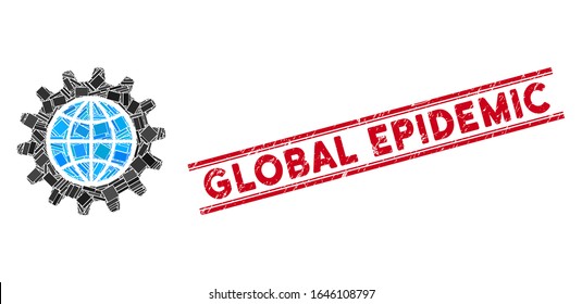 Icono de opciones globales mosaico y sello rojo de Epidemia Global entre líneas paralelas dobles. Icono de mosaico de opciones globales vectoriales de elementos rectangulares girados aleatoriamente.