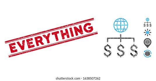 Mosaic global payments icon and red Everything seal stamp between double parallel lines. Flat vector global payments mosaic pictogram of scattered rotated rectangular items.