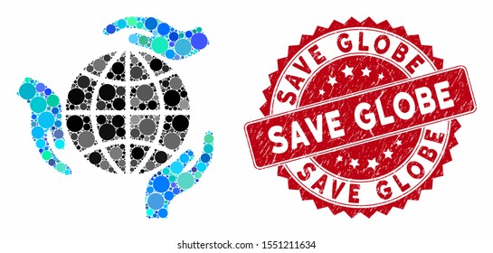 Mosaic global protection and grunge stamp seal with Save Globe phrase. Mosaic vector is created with global protection icon and with randomized circle spots. Save Globe stamp seal uses red color,