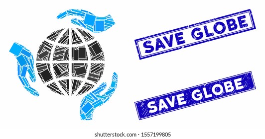 Mosaic global protection icon and rectangle stamps. Flat vector global protection mosaic icon of scattered rotated rectangle items. Blue caption rubber stamps with grunge textures.