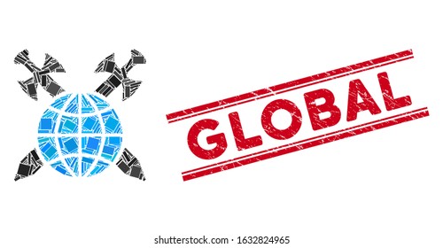 Mosaic global protection icon and red Global rubber print between double parallel lines. Flat vector global protection mosaic icon of scattered rotated rectangular items.