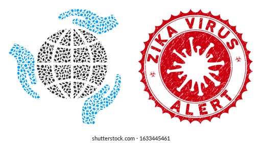 Mosaic global protection icon and red round grunge stamp seal with Zika Virus Alert caption and coronavirus symbol. Mosaic vector is created with global protection icon and with random oval elements.