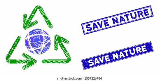 Mosaic global recycling pictogram and rectangular stamps. Flat vector global recycling mosaic pictogram of randomized rotated rectangular elements. Blue caption rubber stamps with corroded surface.