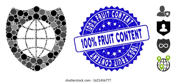 Mosaic global shield icon and grunge stamp seal with 100% Fruit Content text. Mosaic vector is designed with global shield icon and with randomized circle spots.