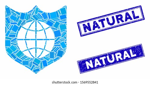 Mosaic global shield icon and rectangle seal stamps. Flat vector global shield mosaic icon of scattered rotated rectangle items. Blue caption seal stamps with grunged texture.