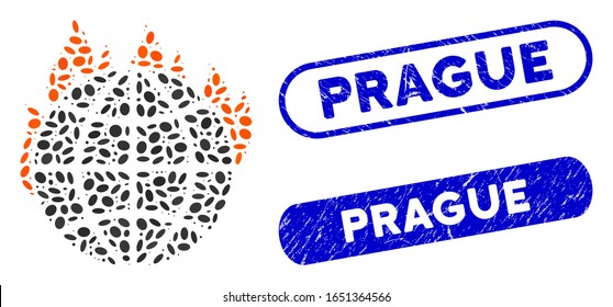 Sellos de goma y fuego de calentamiento global mosaico con texto de Praga. El fuego del calentamiento global del vector mosaico se forma con puntos de elipse aleatorios. Los sellos de Praga utilizan el color azul y tienen forma rectangular redonda.