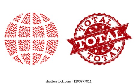 Mosaic globe designed with red valentine hearts, and isolated grunge watermark. Composition for Valentines Day. Globe concept constructed with small randomized romance heart icons.