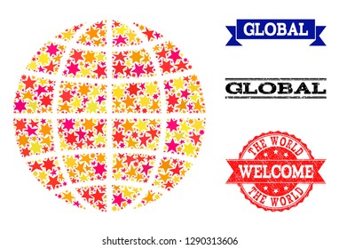 Mosaic globe formed with colored flat stars, and grunge textured stamps, isolated on an white background. Vector colorful geographic abstraction of globe with red, yellow, orange stars.