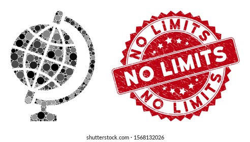 Mosaic globe and grunge stamp seal with No Limits text. Mosaic vector is designed with globe icon and with random circle items. No Limits stamp seal uses red color, and distress texture.