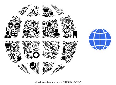 Mosaic globe of health care items and basic icon. Mosaic vector globe is designed from health care icons. Flat design elements for clinic projects. Illustration is based on globe pictogram.