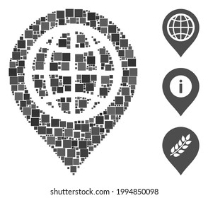 Icono de marcador de mapa de globo mosaico unido de elementos cuadrados en tamaños aleatorios y tonos de color. Los elementos cuadrados vectoriales se componen en un icono abstracto del marcador de mapa del globo mosaico. Se colocan pictogramas bonificados.