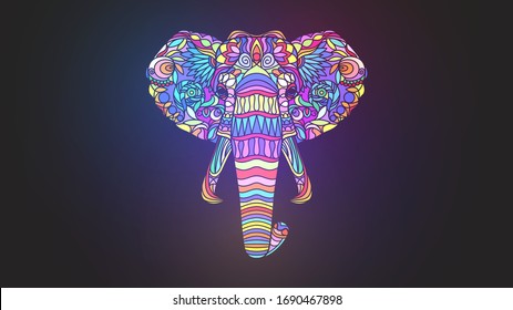 Mosaic glowing colorful elephant head on a black background