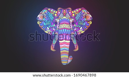 Mosaic glowing colorful elephant head on a black background