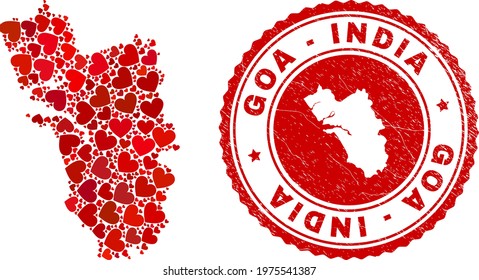 Mosaic Goa State map composed with red love hearts, and scratched seal stamp. Vector lovely round red rubber seal imitation with Goa State map inside.