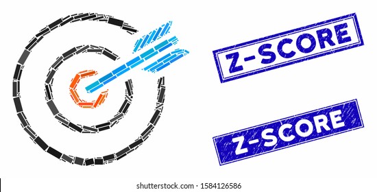 Mosaic goal arrow pictogram and rectangle Z-Score stamps. Flat vector goal arrow mosaic pictogram of randomized rotated rectangular items. Blue Z-Score rubber stamps with rubber textures.