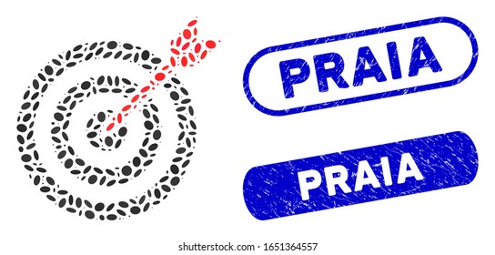 Mosaic goal and rubber stamp seals with Praia caption. Mosaic vector goal is composed with randomized ellipse items. Praia stamp seals use blue color, and have round rectangle shape.